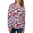 Woman wearing a Buffalo football camouflage sweatshirt featuring the original red white blue and grey team-color pattern, bold fan fashion with a unique standout look.
