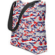 Side view of Buffalo football tote showcasing the unique red white blue and grey camouflage print, versatile design for shopping, errands, books, or everyday use.