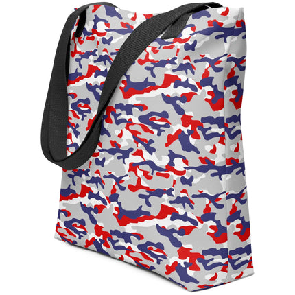 Side view of Buffalo football tote showcasing the unique red white blue and grey camouflage print, versatile design for shopping, errands, books, or everyday use.