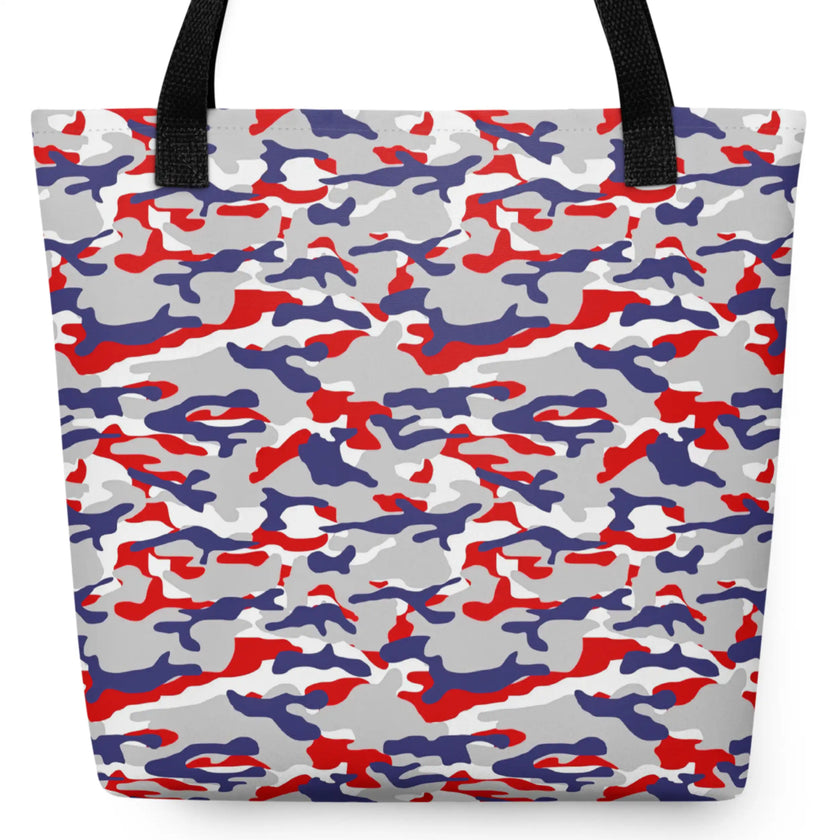 Buffalo football camouflage tote bag featuring an original red white blue and grey team-color camo pattern, bold everyday carryall for showing Buffalo fan pride.