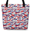 Buffalo football camouflage tote bag featuring an original red white blue and grey team-color camo pattern, bold everyday carryall for showing Buffalo fan pride.