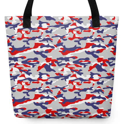 Buffalo football camouflage tote bag featuring an original red white blue and grey team-color camo pattern, bold everyday carryall for showing Buffalo fan pride.