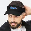 Man wearing a black Buffalo golf visor with bold embroidered Buffalo lettering in red white and blue, classic athletic style for golf, recreation, and Buffalo fans.
