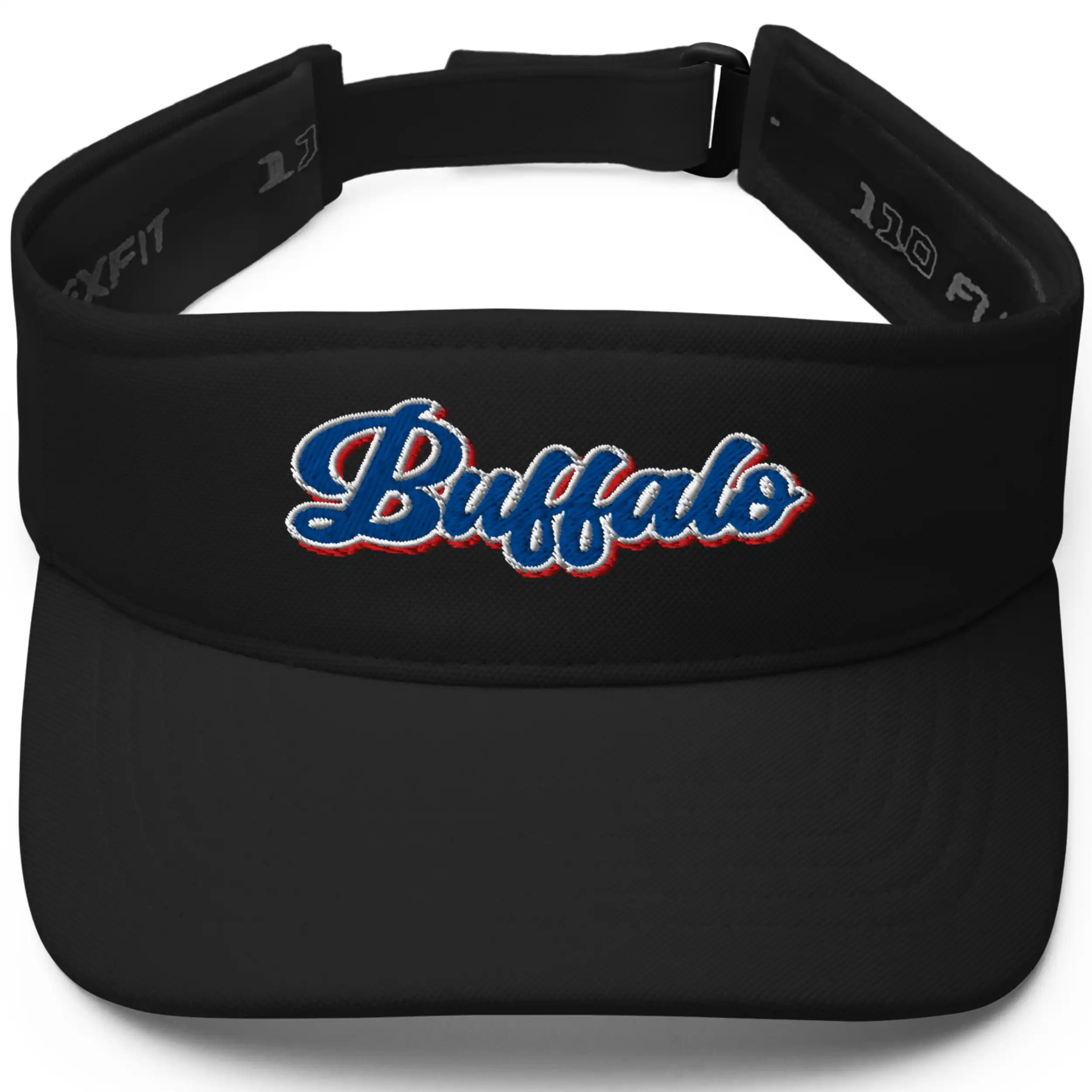 Black Buffalo golf visor featuring eye-catching red white and blue embroidered lettering in a cool vintage font, sleek sportswear for the golf course.