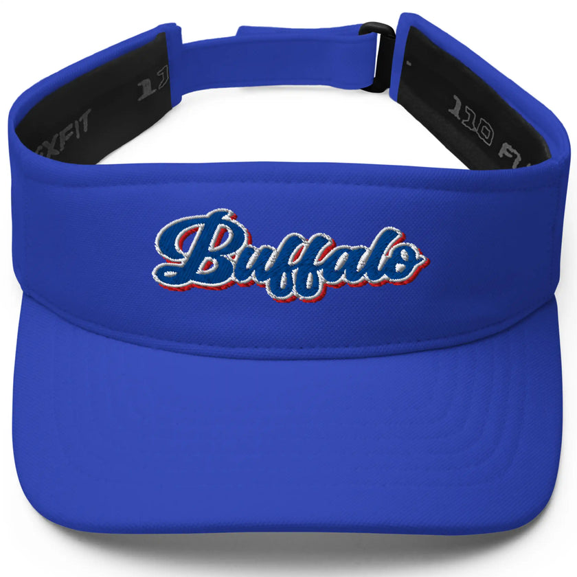 Blue Buffalo golf visor with bold embroidered red white and blue lettering in a vintage-inspired font, perfect for golf, sunshine, and casual fan style.