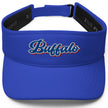 Blue Buffalo golf visor with bold embroidered red white and blue lettering in a vintage-inspired font, perfect for golf, sunshine, and casual fan style.