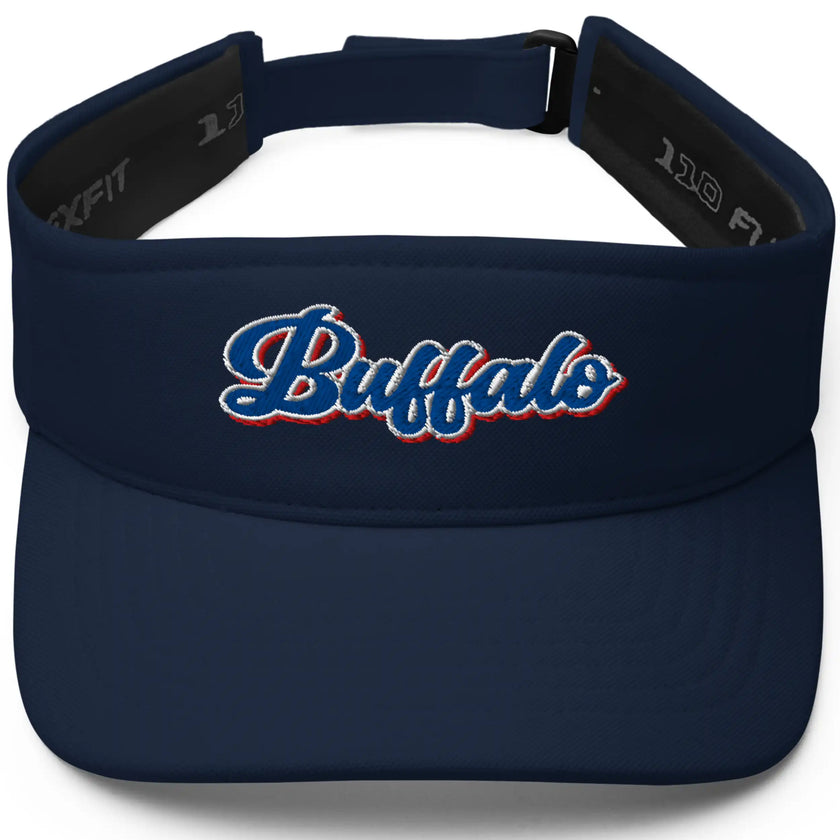 Navy Buffalo golf visor showcasing colorful embroidered Buffalo text in red white and blue, classic athletic accessory with a retro look.