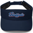 Navy Buffalo golf visor showcasing colorful embroidered Buffalo text in red white and blue, classic athletic accessory with a retro look.