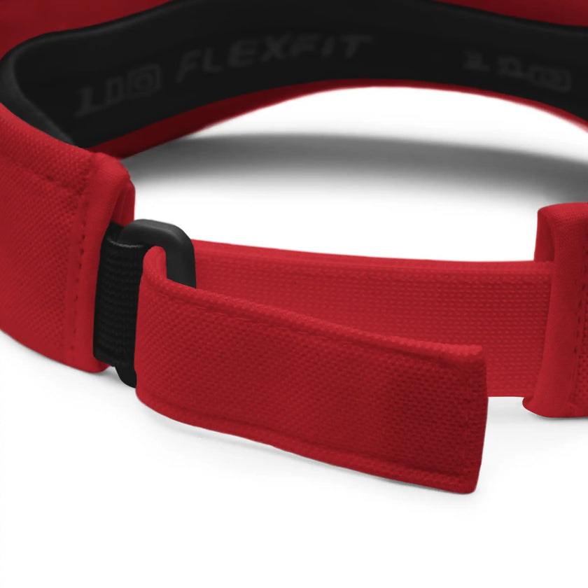 Close-up of adjustable closure on red Buffalo golf visor highlighting the flexible fit and quality construction of this sporty accessory.