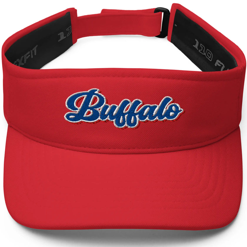 Red Buffalo golf visor featuring retro-style embroidered Buffalo lettering in red white and blue, sporty headwear for golf days and Buffalo pride.