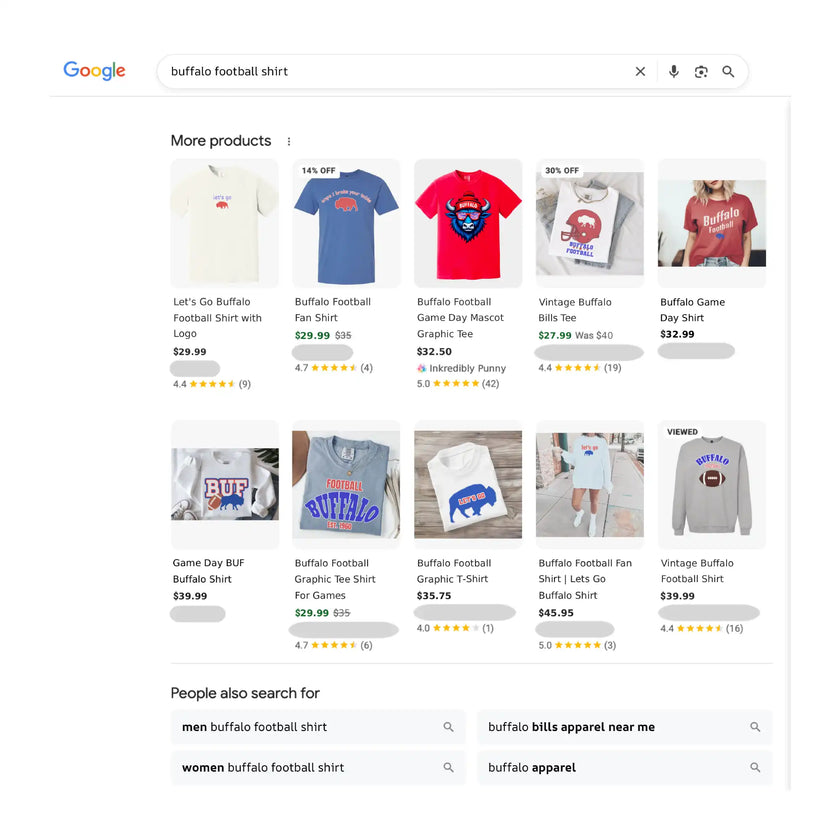 Comparison of generic Buffalo football shirts in shopping search results with one bold modern Buffalo graphic tee standing out.