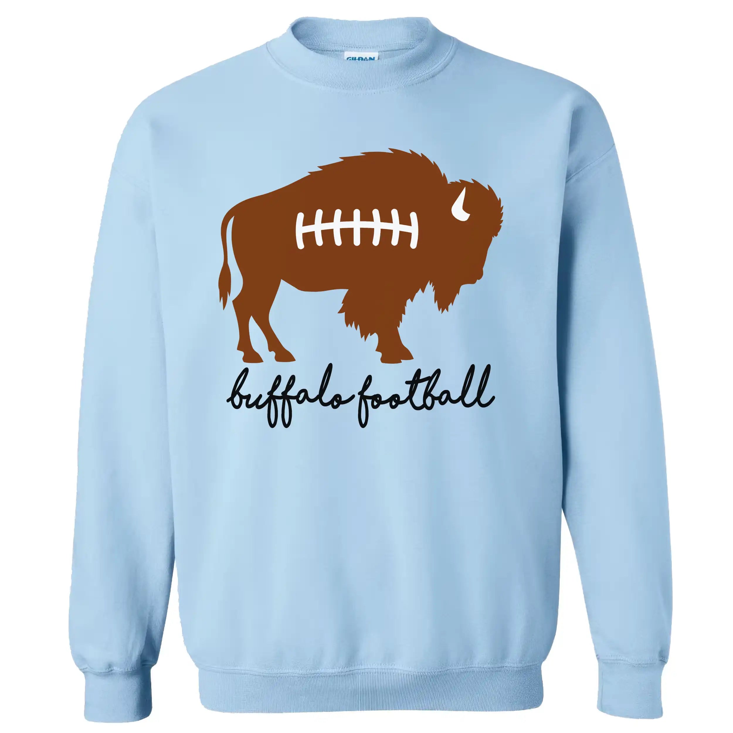 Blue Buffalo football sweatshirt showcasing a brown buffalo silhouette with football laces and black decorative Buffalo Football lettering.