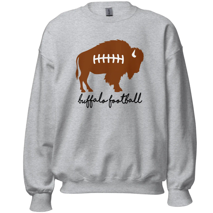 Grey Buffalo football sweatshirt with a brown football-inspired buffalo graphic, football laces, and black decorative lettering that reads Buffalo Football.