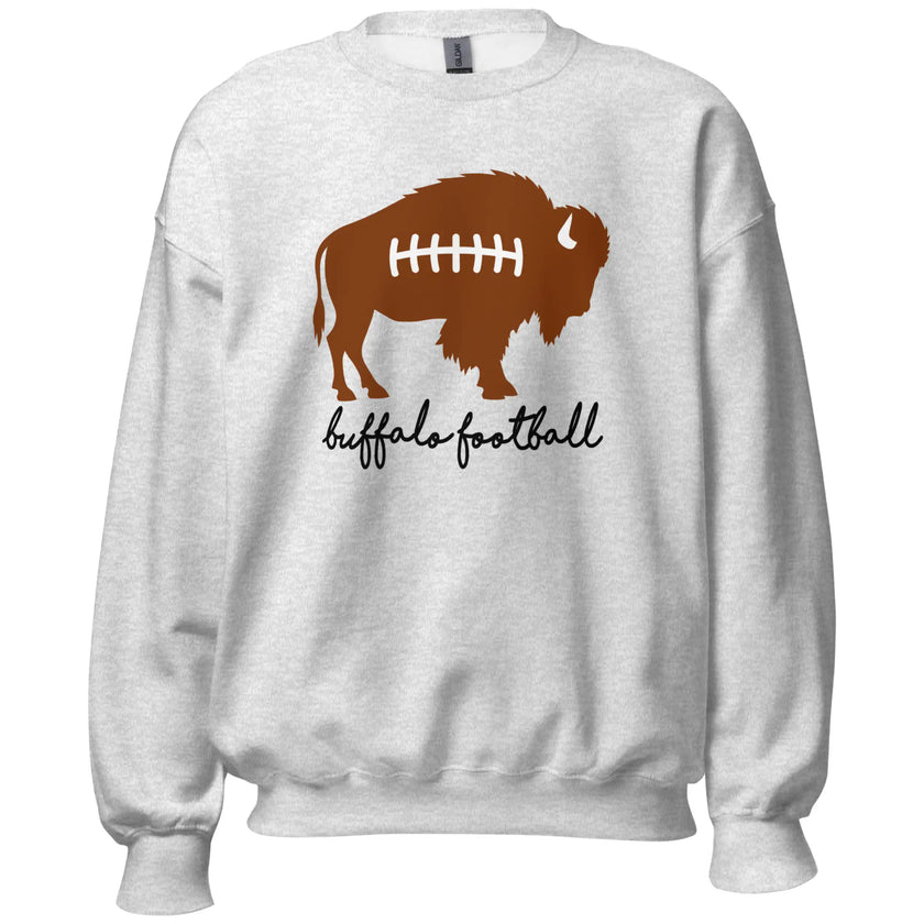 Light grey Buffalo football sweatshirt featuring a brown buffalo silhouette designed with football laces and black scroll lettering reading Buffalo Football.