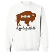 White Buffalo football sweatshirt featuring a brown buffalo football design with laces and stylish black scroll lettering reading Buffalo Football.