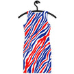 Back hanging view of fitted Buffalo football mini dress highlighting the bold striped print, vibrant colors, and original Buffalo-inspired statement pattern.