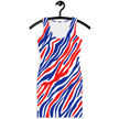 Hanging view of Buffalo bodycon mini dress displaying original red white and blue signature football stripe pattern, sleek fitted style and standout fashion design.