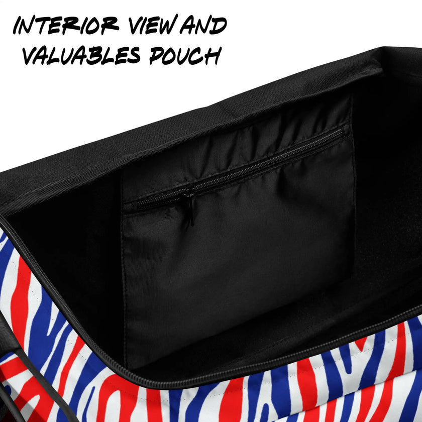 Close-up of the interior valuables pouch inside a Buffalo football gym bag, providing a convenient secure space for smaller personal essentials.