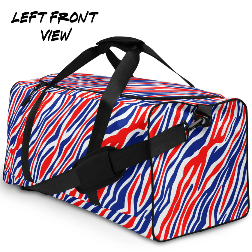 Angled view of the bold Buffalo football gym duffel showcasing its distinctive red white and blue stripes and roomy athletic design.