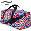 Angled view of the bold Buffalo football gym duffel showcasing its distinctive red white and blue stripes and roomy athletic design.