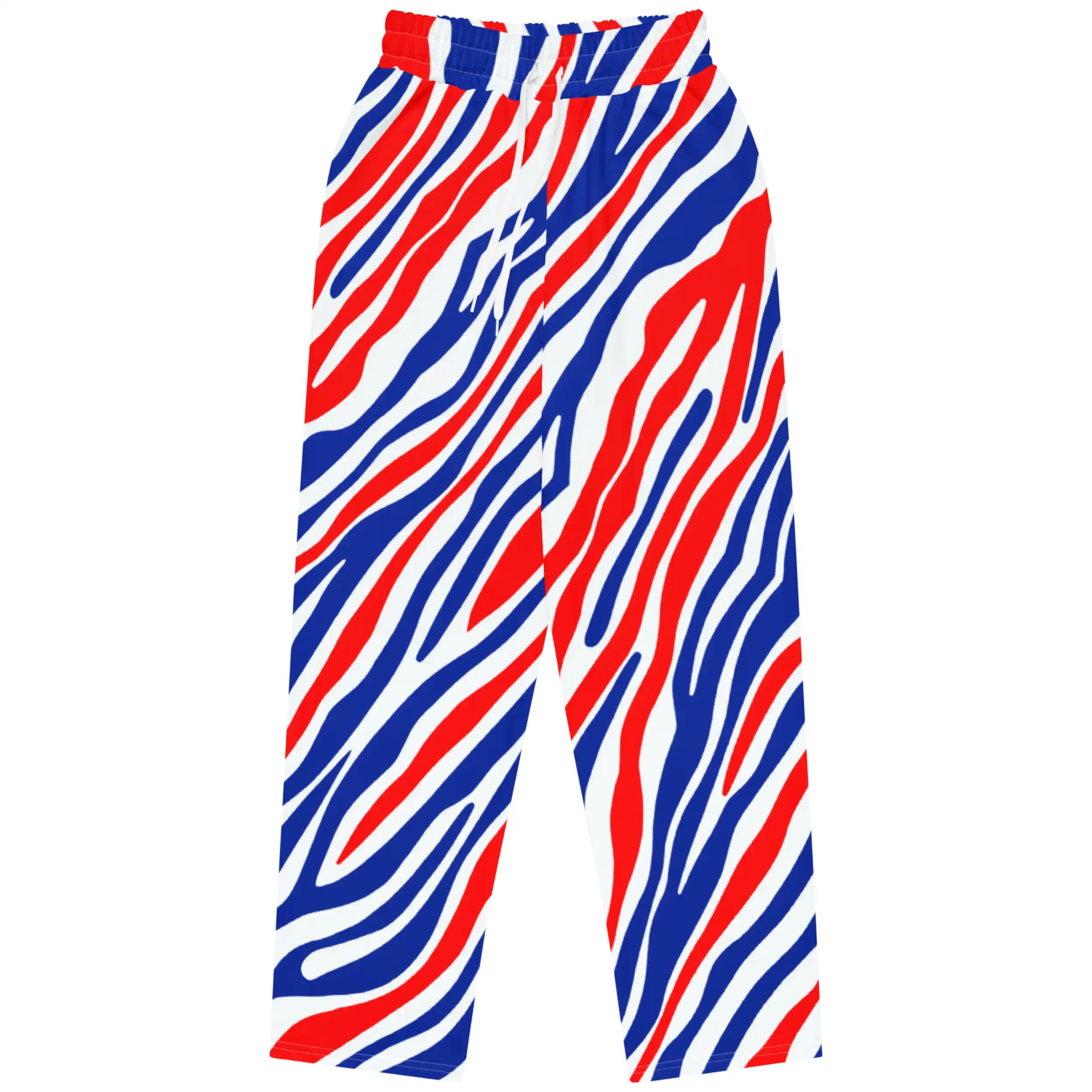 Buffalo football jogger pants flat lay featuring signature red white and blue striped pattern, lightweight premium design with original Buffalo fan apparel style.