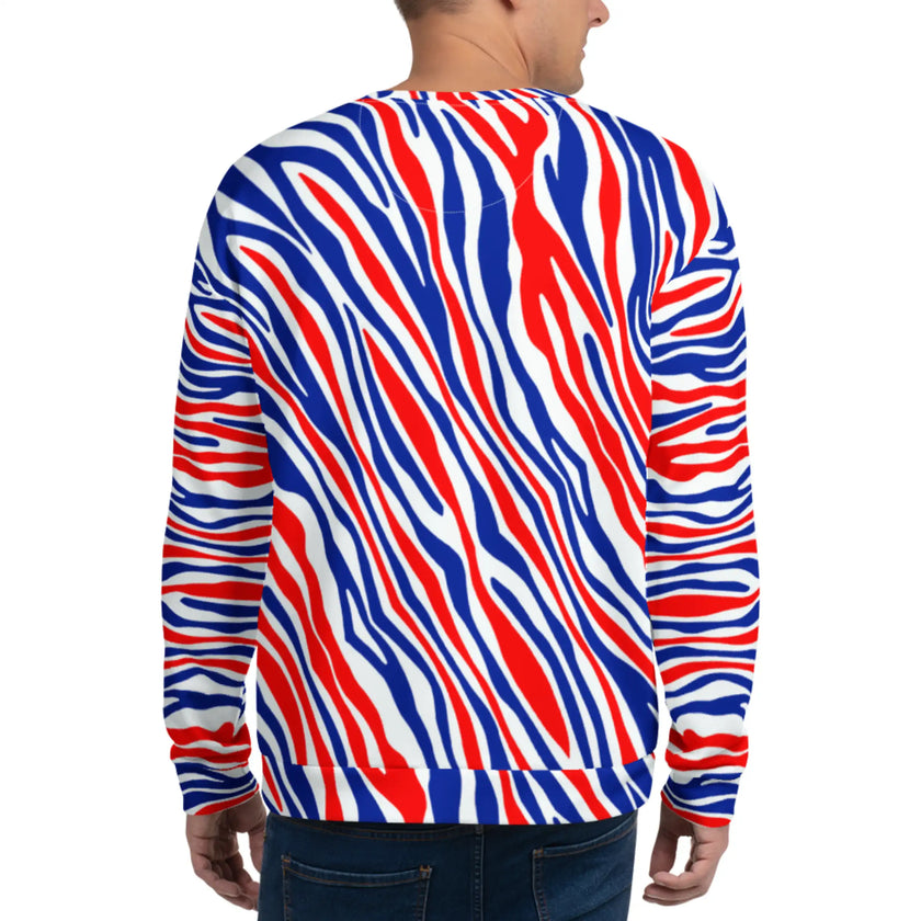 Back view of man wearing an all-over print Buffalo football sweatshirt featuring the original team-color stripes design, bold casual fanwear from every angle