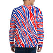 Back view of man wearing an all-over print Buffalo football sweatshirt featuring the original team-color stripes design, bold casual fanwear from every angle