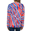 Back view of woman wearing a signature Buffalo football stripes crewneck showcasing the vibrant red white and blue all-over pattern and unique original design.