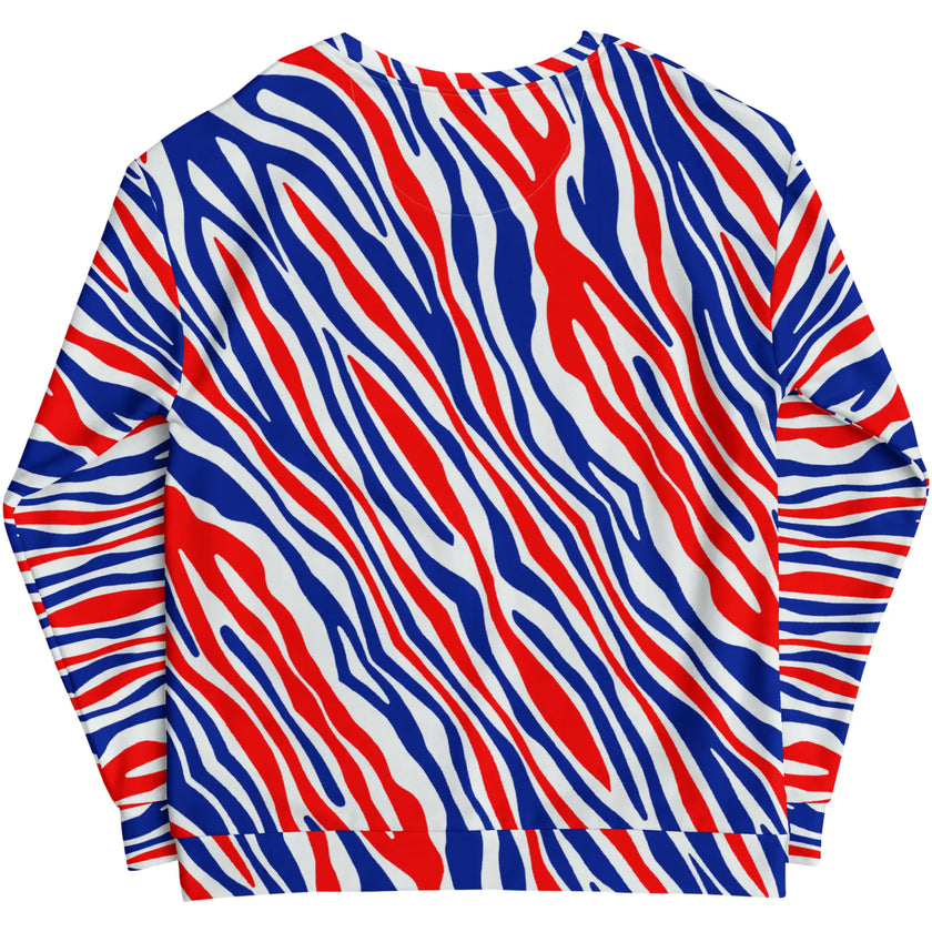flat lay back of Buffalo football signature stripes sweatshirt displaying the complete all-over print pattern, featuring bold red white and blue colors and original Buffalo style.