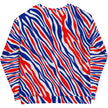 flat lay back of Buffalo football signature stripes sweatshirt displaying the complete all-over print pattern, featuring bold red white and blue colors and original Buffalo style.