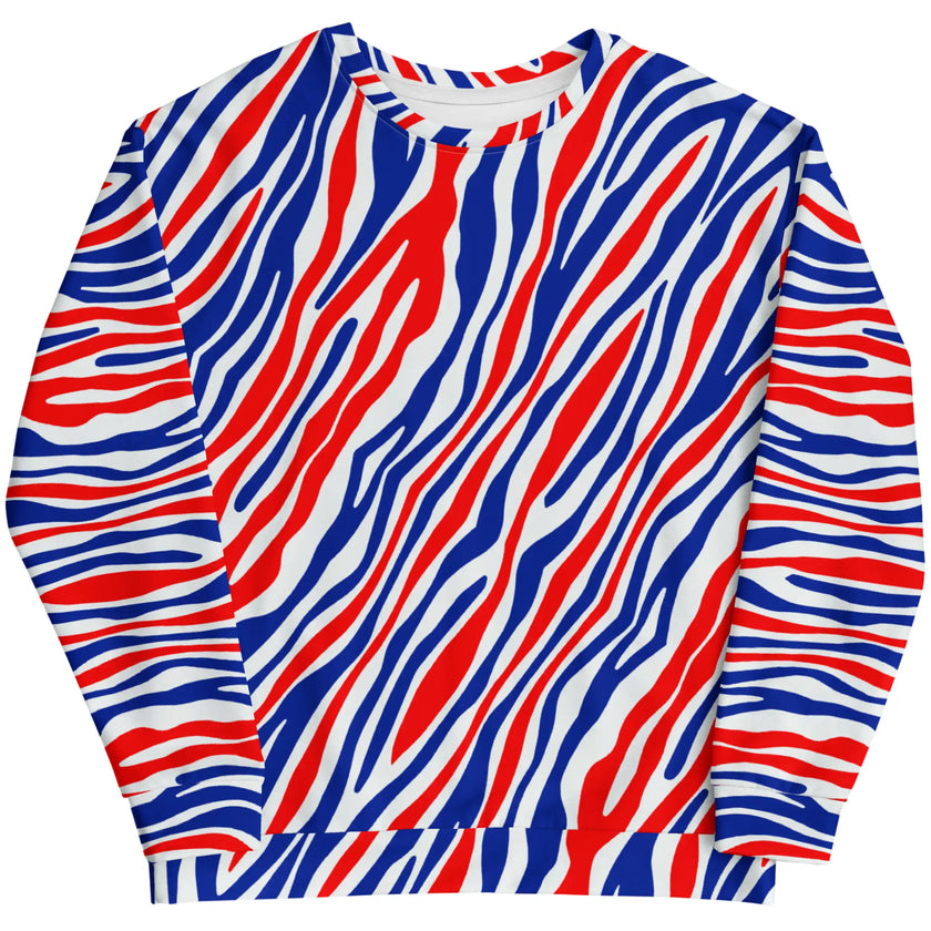 Flat lay front of original Buffalo football stripes sweatshirt showcasing the full red white and blue signature pattern, a unique statement piece for Buffalo fans.