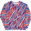 Flat lay front of original Buffalo football stripes sweatshirt showcasing the full red white and blue signature pattern, a unique statement piece for Buffalo fans.