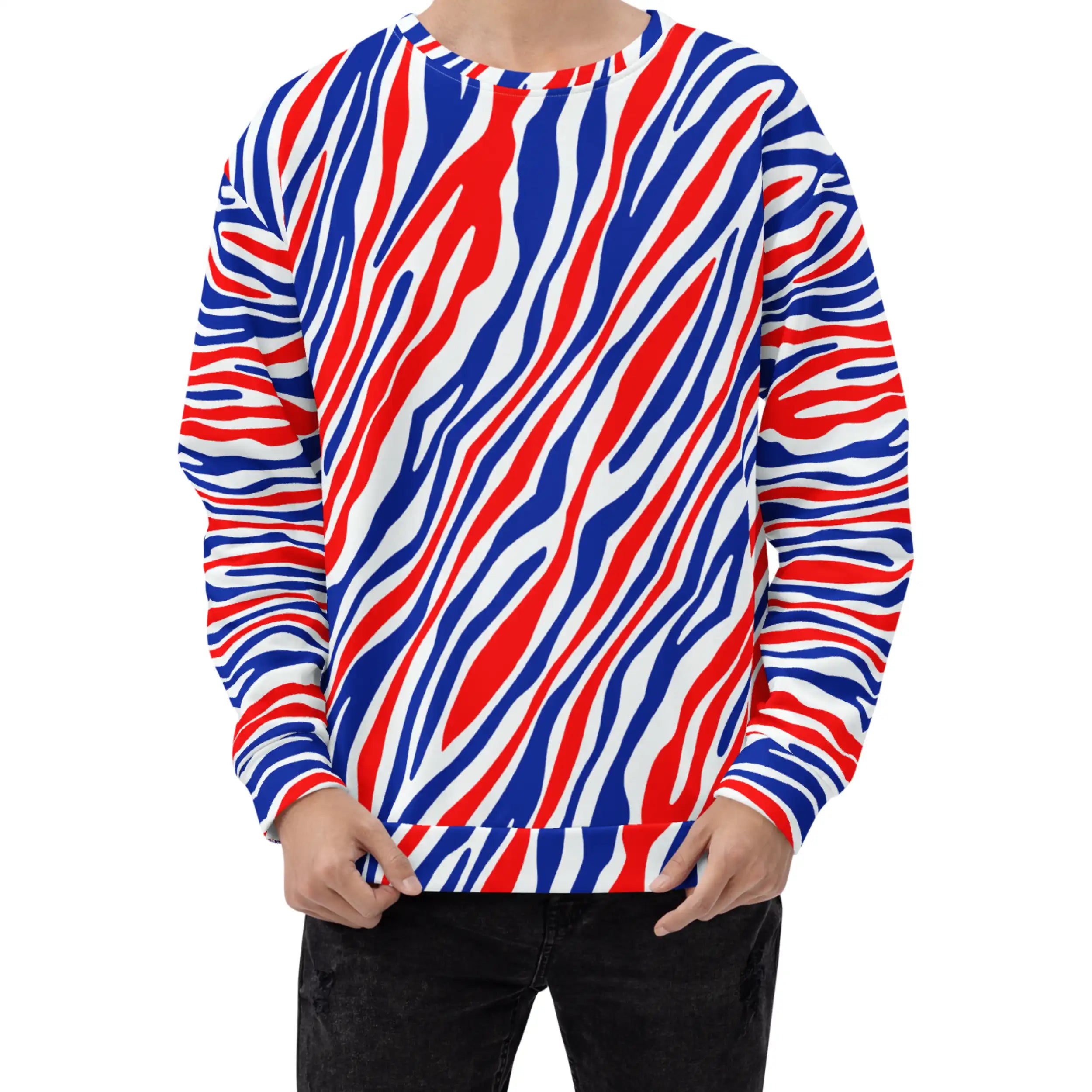 Man wearing an all-over print Buffalo football sweatshirt featuring the original signature red white and blue Buffalo stripes pattern, bold fan apparel with standout game day style.
