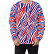 Man wearing an all-over print Buffalo football sweatshirt featuring the original signature red white and blue Buffalo stripes pattern, bold fan apparel with standout game day style.