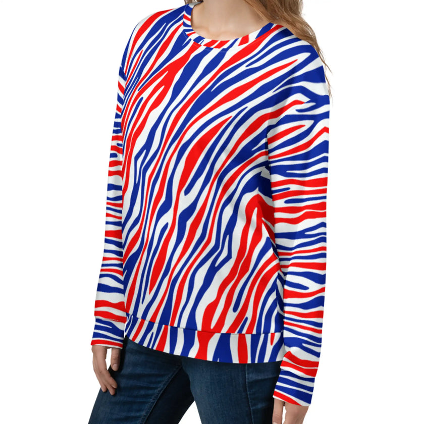 Left side view of original Buffalo football stripes sweatshirt highlighting the continuous red white and blue pattern and distinctive fan-inspired design