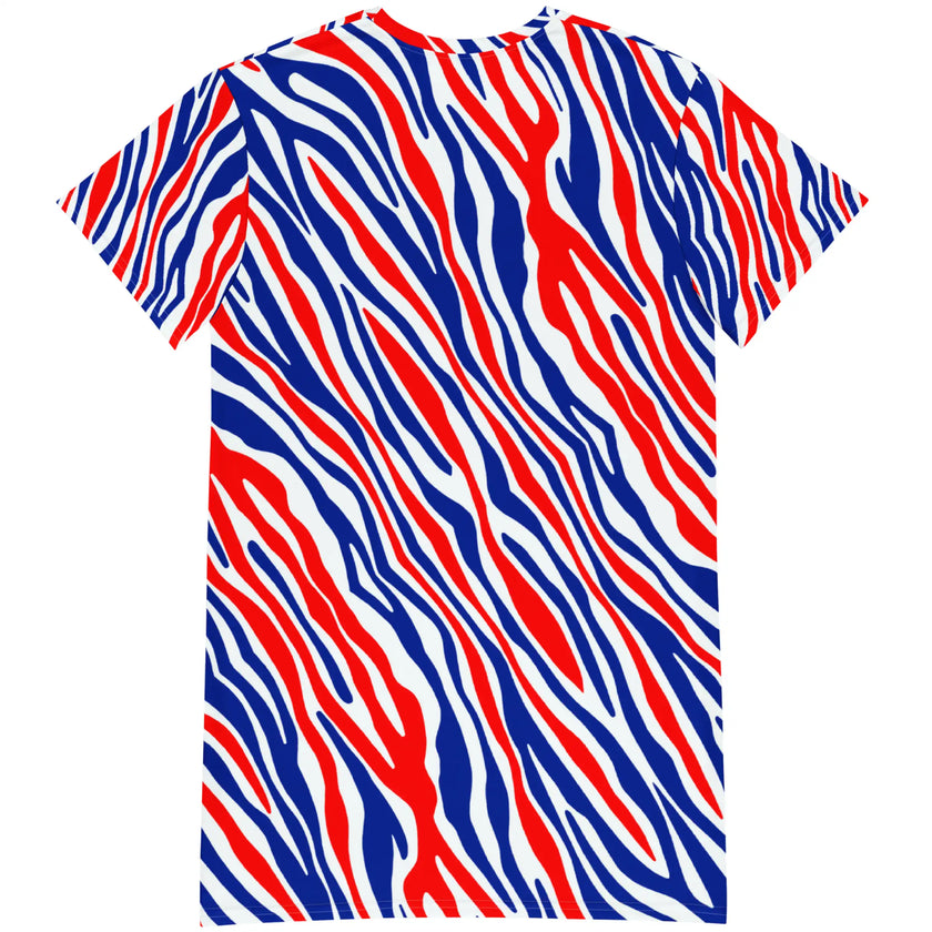 Back flat lay of oversized Buffalo fan dress highlighting the unique football stripe print, vibrant colors, and standout original design.
