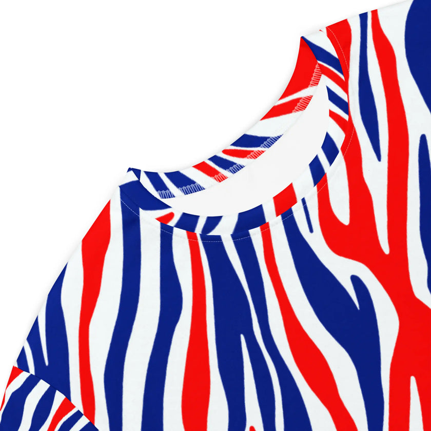 Close-up of the neckline on a Buffalo football t-shirt dress featuring the signature red white and blue Buffalo stripe pattern and relaxed oversized fit.