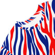 Close-up of the neckline on a Buffalo football t-shirt dress featuring the signature red white and blue Buffalo stripe pattern and relaxed oversized fit.