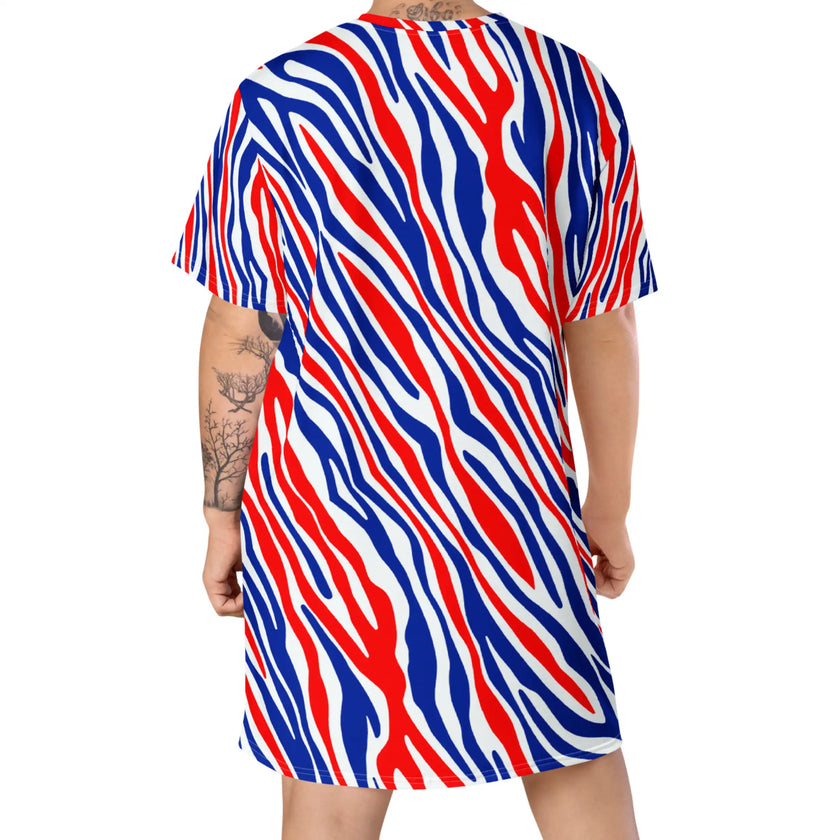 Back view of oversized Buffalo football t-shirt dress showcasing the distinctive signature stripe design in vibrant red white and blue, original fan fashion with unmistakable Buffalo spirit.