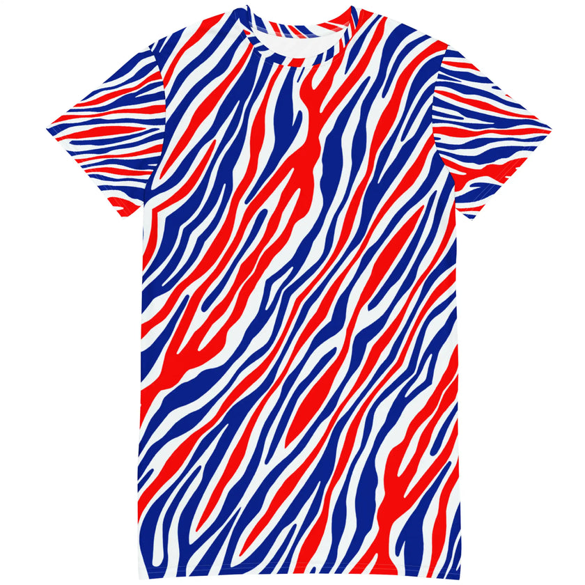 Front flat lay of Buffalo football t-shirt dress displaying the original red white and blue signature stripes and bold all-over Buffalo pattern.