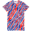 Front flat lay of Buffalo football t-shirt dress displaying the original red white and blue signature stripes and bold all-over Buffalo pattern.