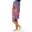 Left side view of Buffalo football t-shirt dress featuring the signature red white and blue stripe pattern, relaxed oversized silhouette, and eye-catching fan style.