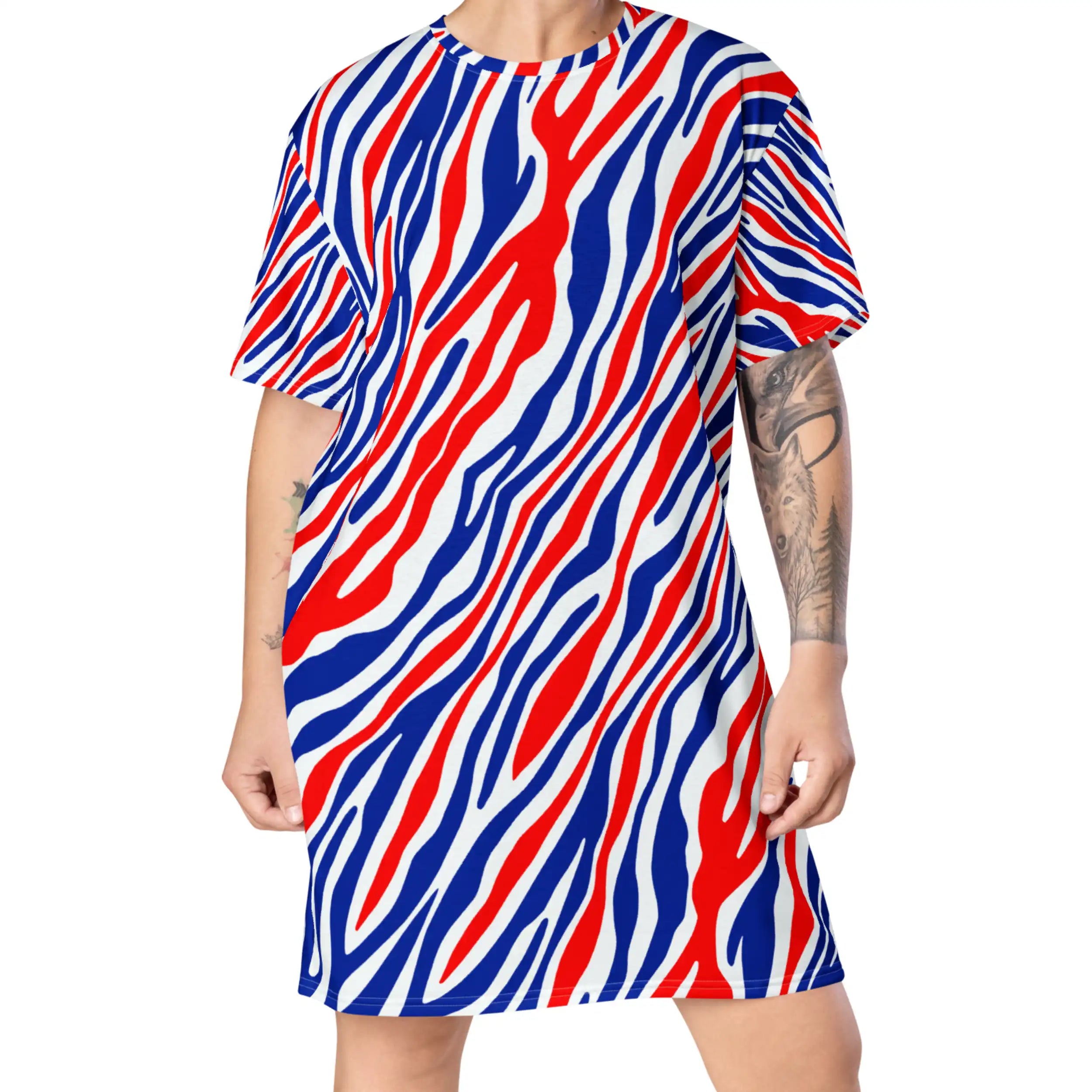 Buffalo football t-shirt dress featuring the signature original red white and blue Buffalo stripe pattern, a bold statement piece for fans who want their pride to be impossible to miss.