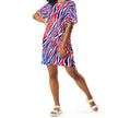 Woman posing in a signature Buffalo football t-shirt dress featuring the original red white and blue stripe pattern, bold fan fashion made to turn heads.