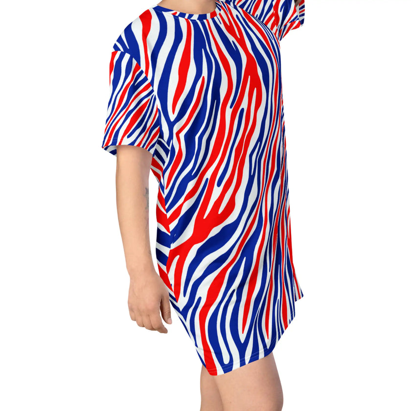 Right side view of oversized Buffalo football dress showcasing the original signature stripes and bold red white and blue Buffalo pattern in a standout casual design.