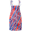Back view of elegant chiffon slip dress showcasing signature Buffalo football stripe pattern in vibrant red, white, and blue with graceful flowing silhouette.