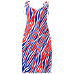 Flowy chiffon slip dress featuring signature Buffalo football striped pattern in bold red, white, and blue, lightweight statement dress with elegant movement and original Buffalo-inspired design.