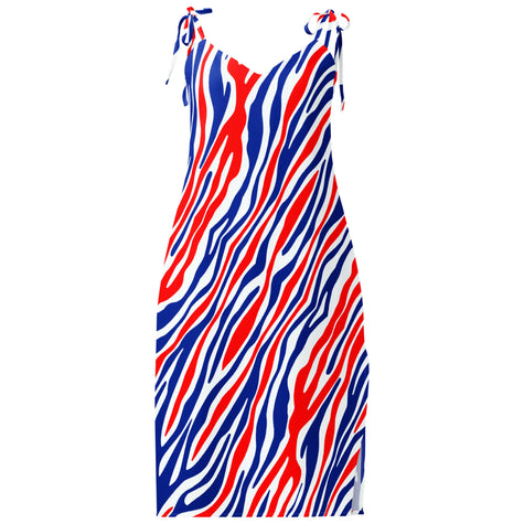 Flowy chiffon slip dress featuring signature Buffalo football striped pattern in bold red, white, and blue, lightweight statement dress with elegant movement and original Buffalo-inspired design.
