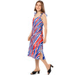 Left side view of woman wearing flowing chiffon slip dress with signature Buffalo football stripe pattern, elegant lightweight design with bold red, white, and blue statement print.