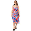 Woman wearing signature Buffalo football striped chiffon slip dress with graceful movement, lightweight feminine style, and eye-catching red, white, and blue original pattern.